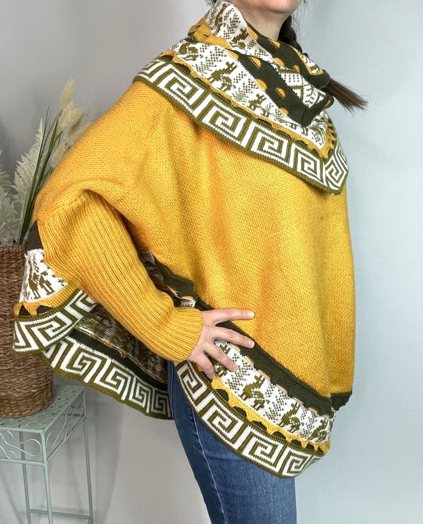 Alpaca Blend Knitted Turtleneck Poncho Cape