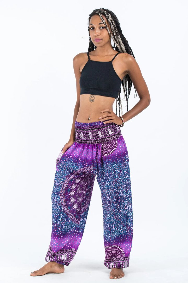 Tribal Chakras Women's Harem Pants in Purple, Thailand