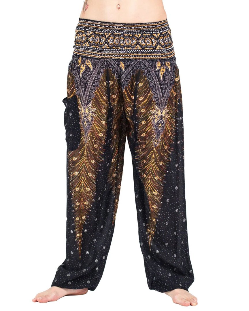 Peacock Feathers in Black / Unisex Harem Pants, Thailand