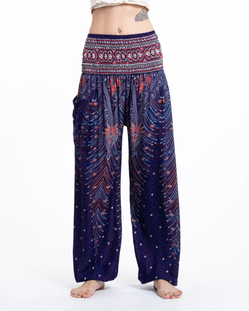 Peacock Feathers in Blue / Unisex Harem Pants, Thailand