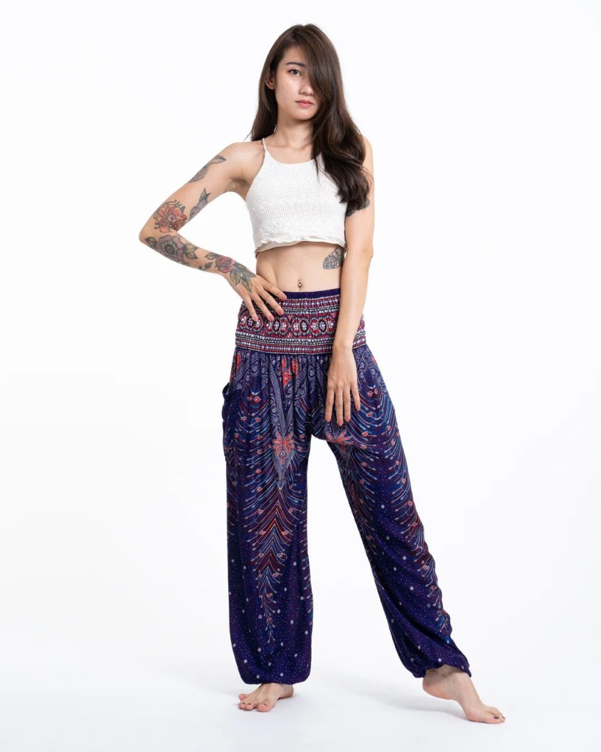 Peacock Feathers in Blue / Unisex Harem Pants, Thailand