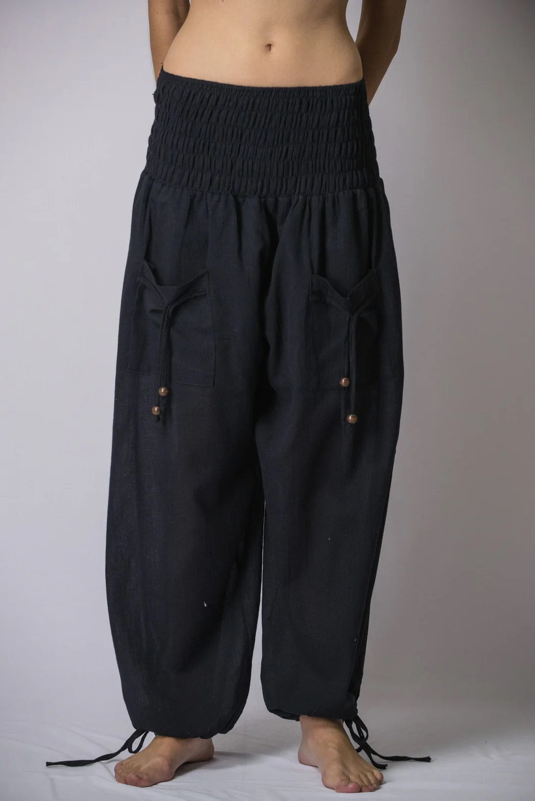 Thai Smocked Waist Cotton Pants in Black, Thailand