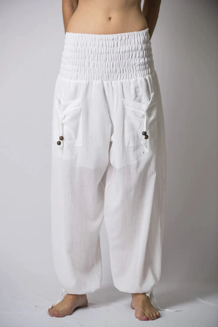 Thai Smocked Waist Cotton Pants in White, Thailand