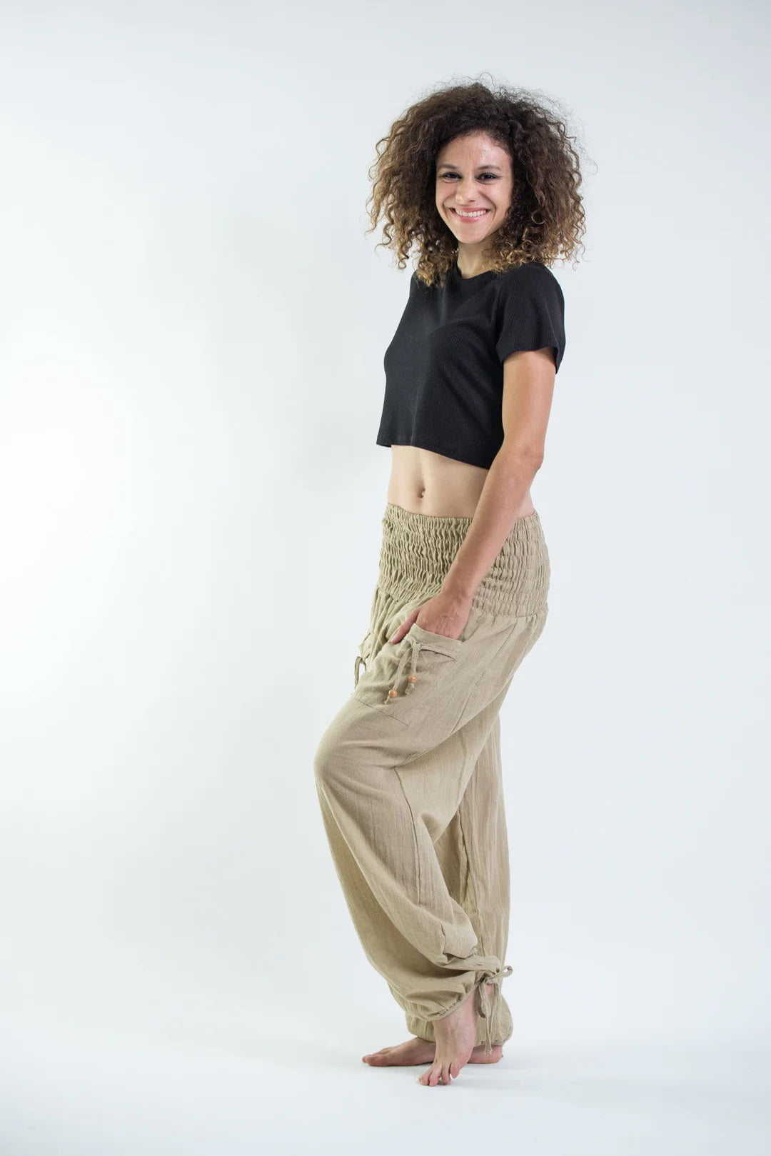 Thai Smocked Waist Cotton Pants in Tan, Thailand