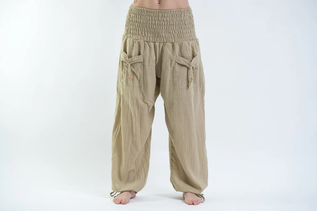 Thai Smocked Waist Cotton Pants in Tan, Thailand