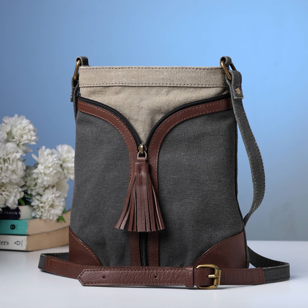 Crossbody Bag, Black Grey Canvas (ORIGINAL LEATHER), India