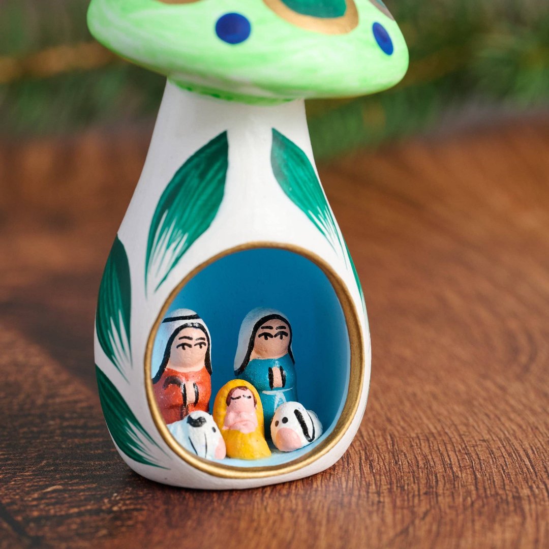 Mini Mushroom Ceramic Nativity, Peru