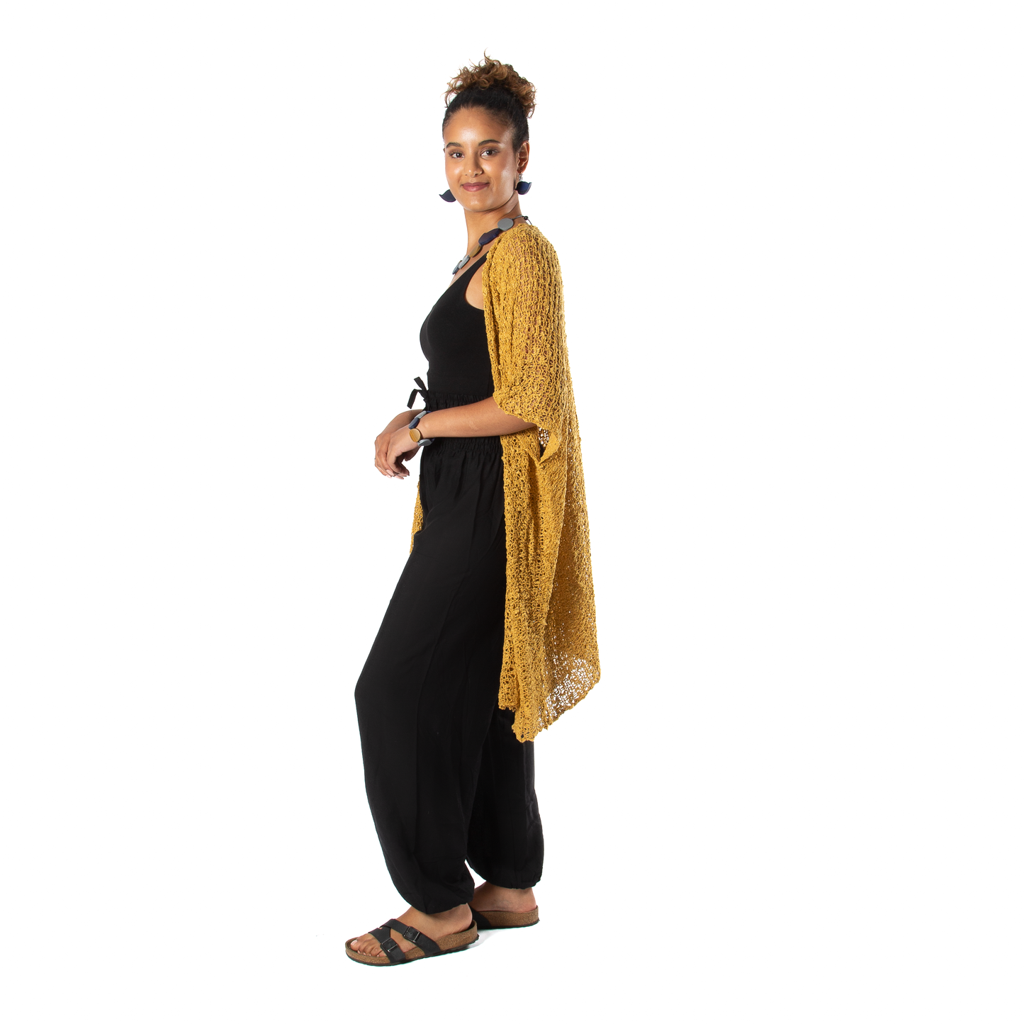 Mid Length Popcorn Knit Kimono - Mustard