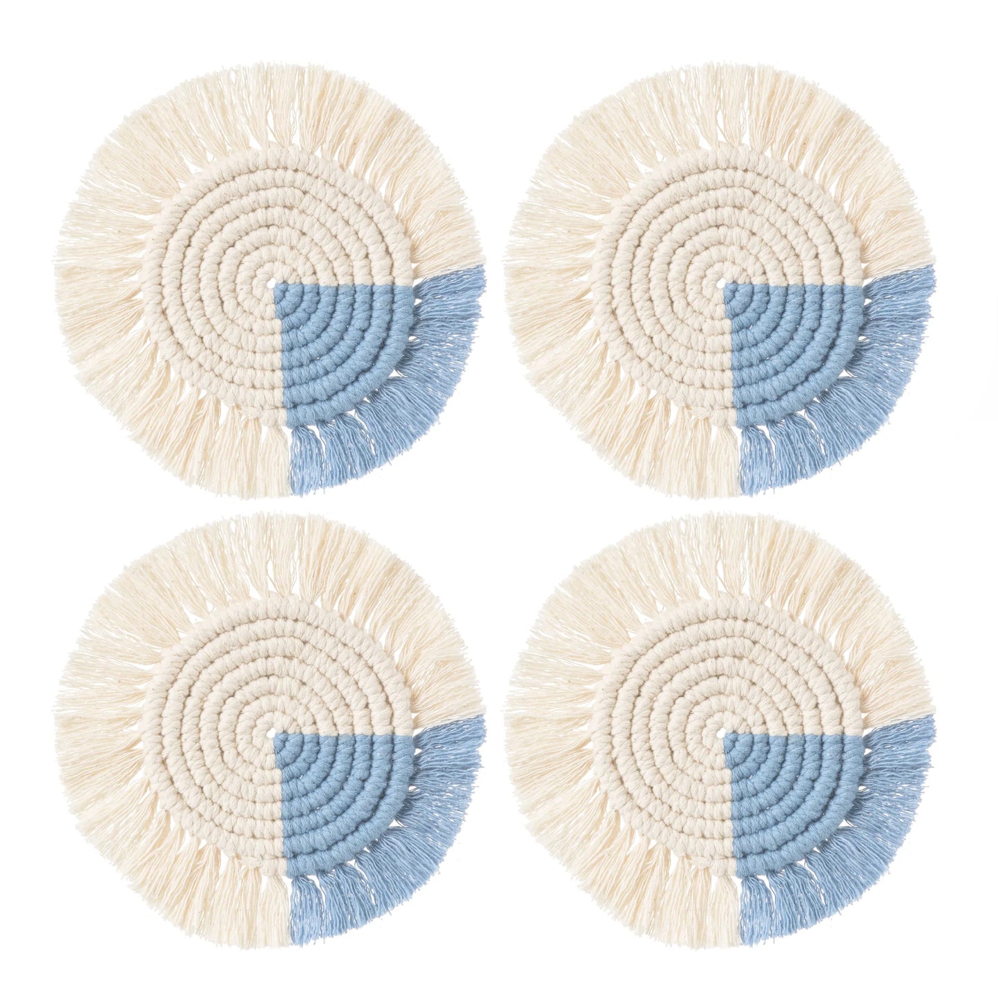 Macrame Coasters in Blues with Fringe, SET OF 4, India