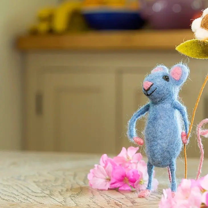 Handcrafted Pretty Blue Felt Mouse with Flower, Nepal