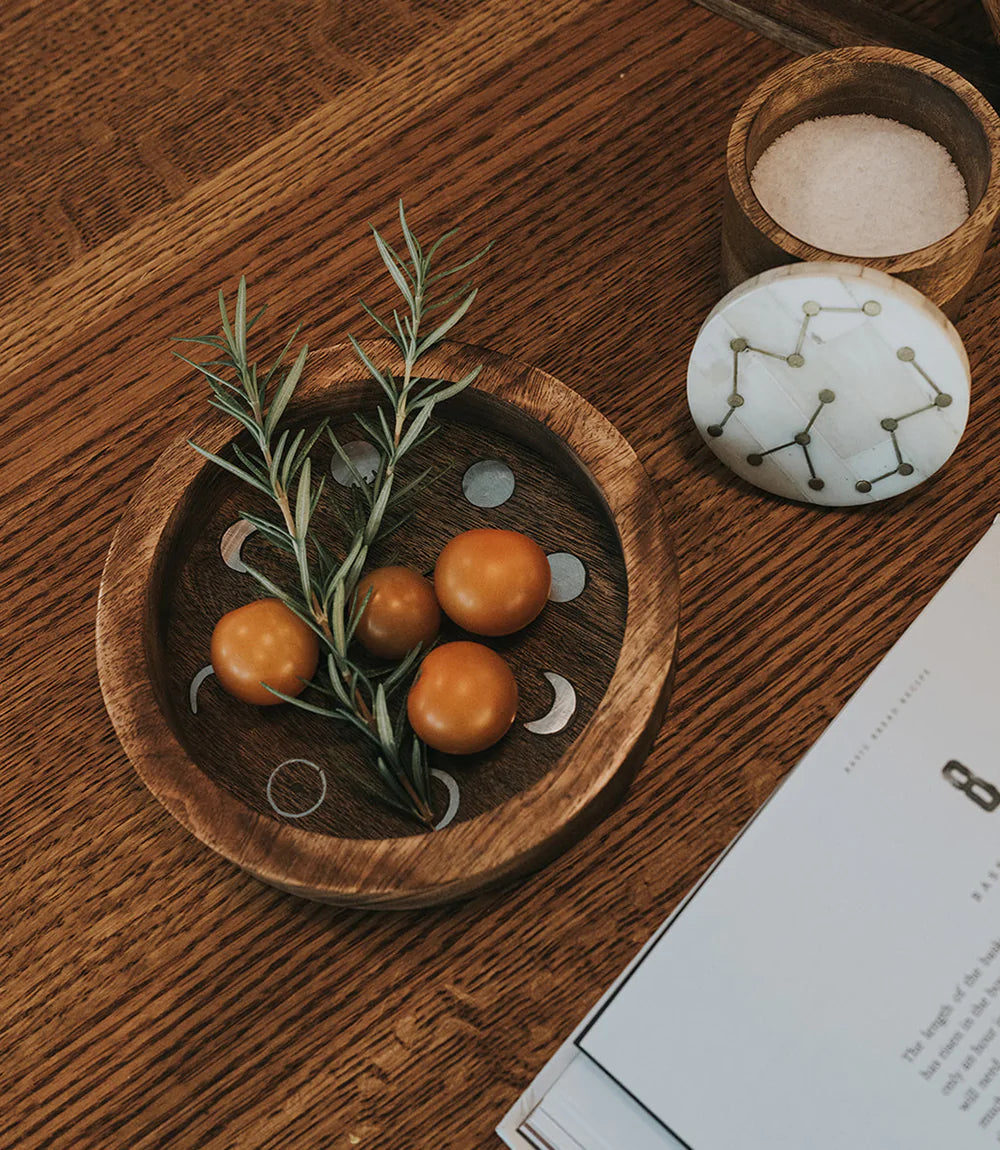 Handcrafted Mango Wood Tray with Celestial Brass Accents - Round, India