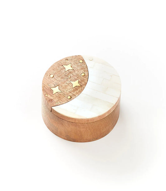 Round Bone Salt and Pepper Spice  Wood Box - Moon and Stars, India