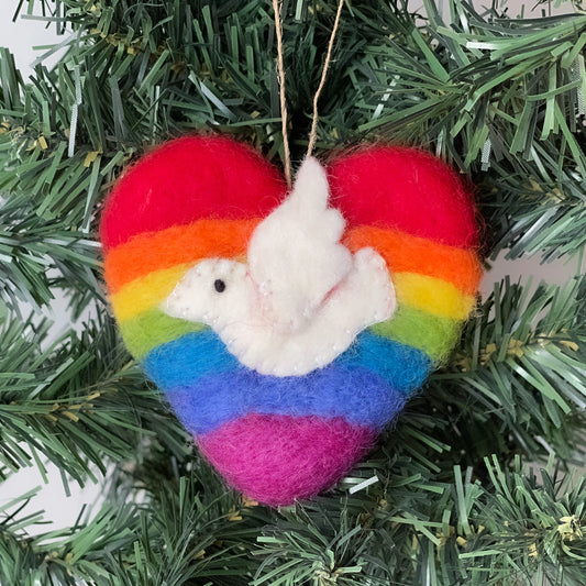 Rainbow Heart Dove Handmade Felt Ornament, Nepal