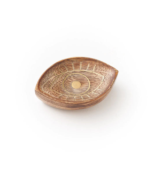 Handcrafted Mango Wood Jewelry Tray Trinket Dish - Evil eye, India