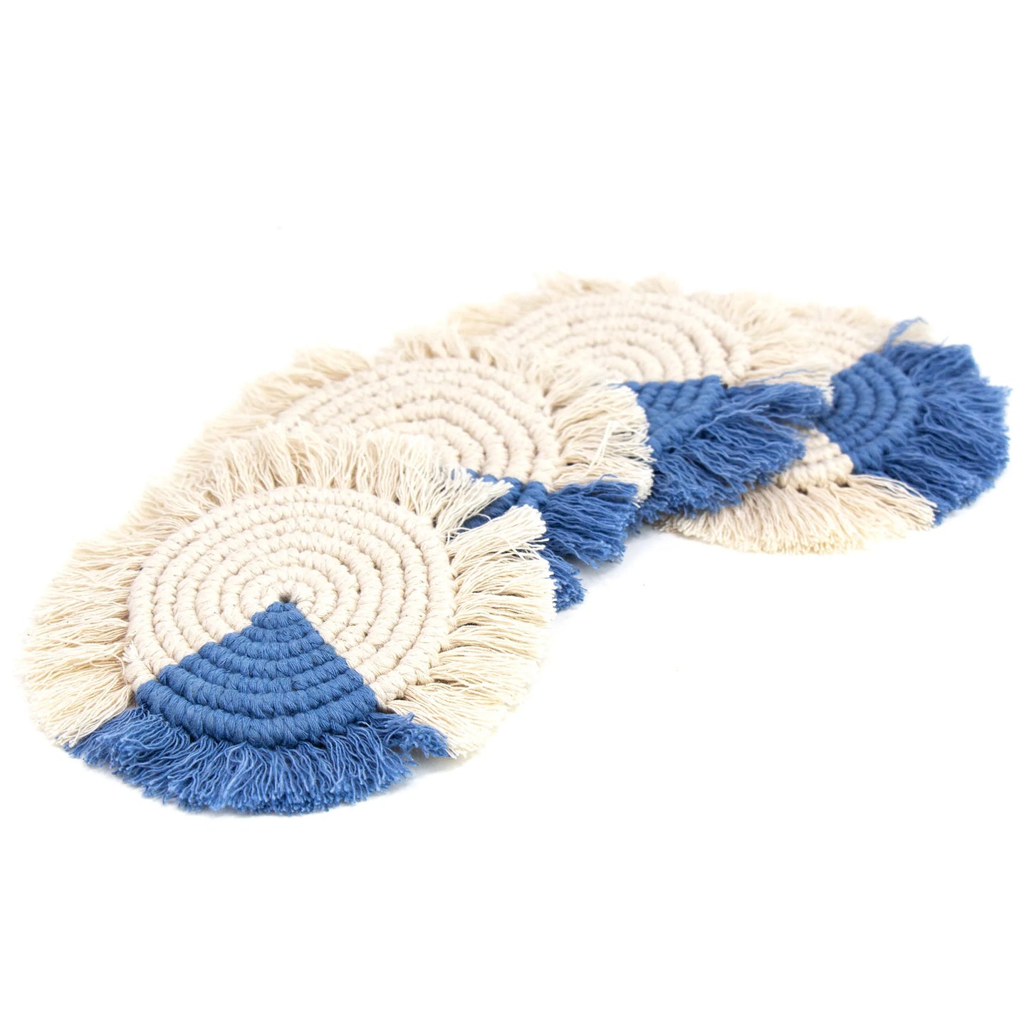 Macrame Coasters in Blues with Fringe, SET OF 4, India