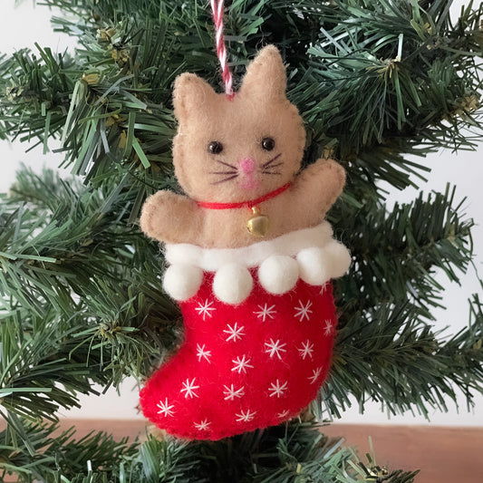 Handcrafted Kitty in Stocking Felt Ornament, Nepal