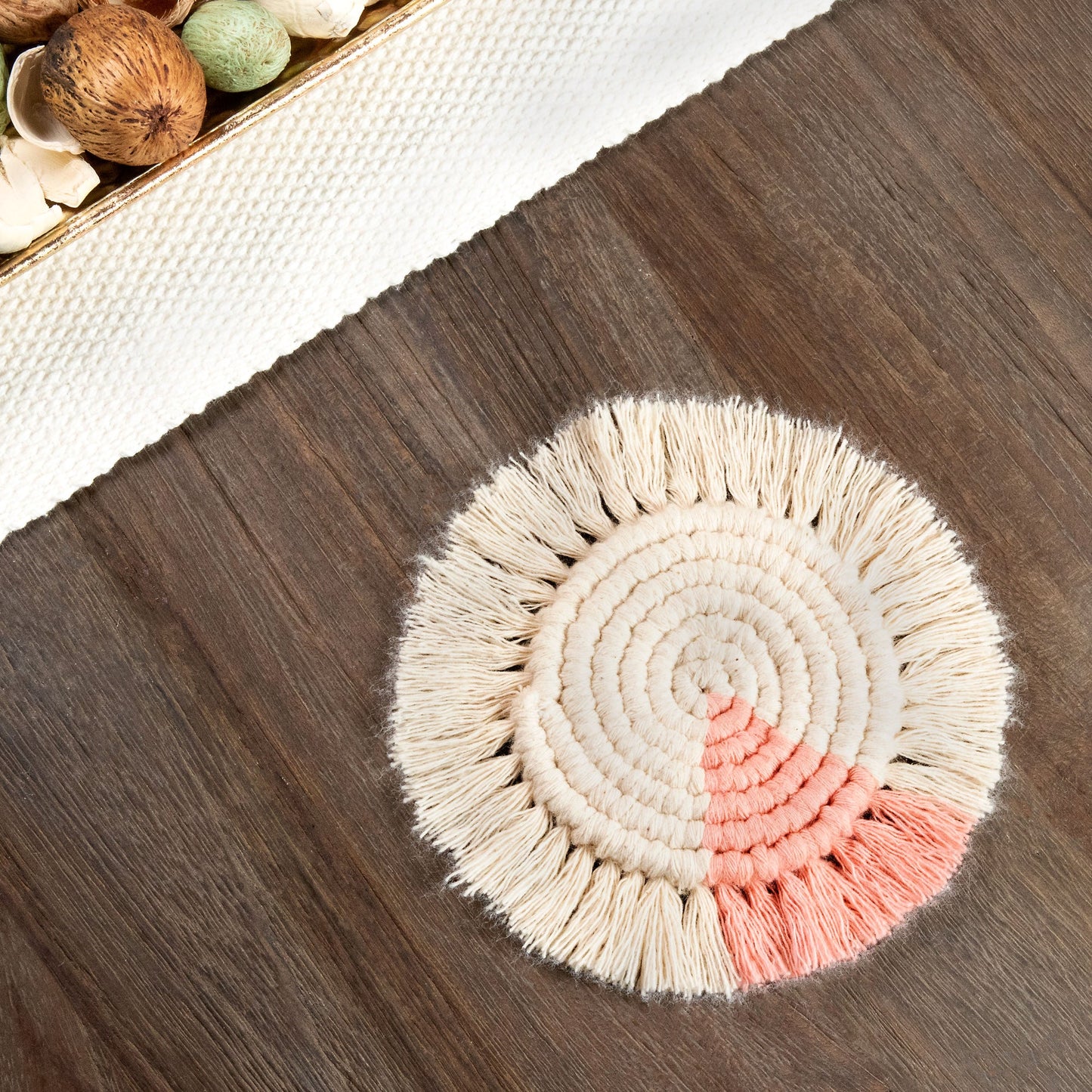 Macrame Coasters in Blush with Fringe, SET OF 4, India