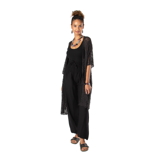 Mid Length Popcorn Knit Kimono - Black, Indonesia