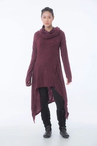 Winter Boho Jacket with Handwarmers, Burgundy Pullover Hoodie Cloak, Thailand