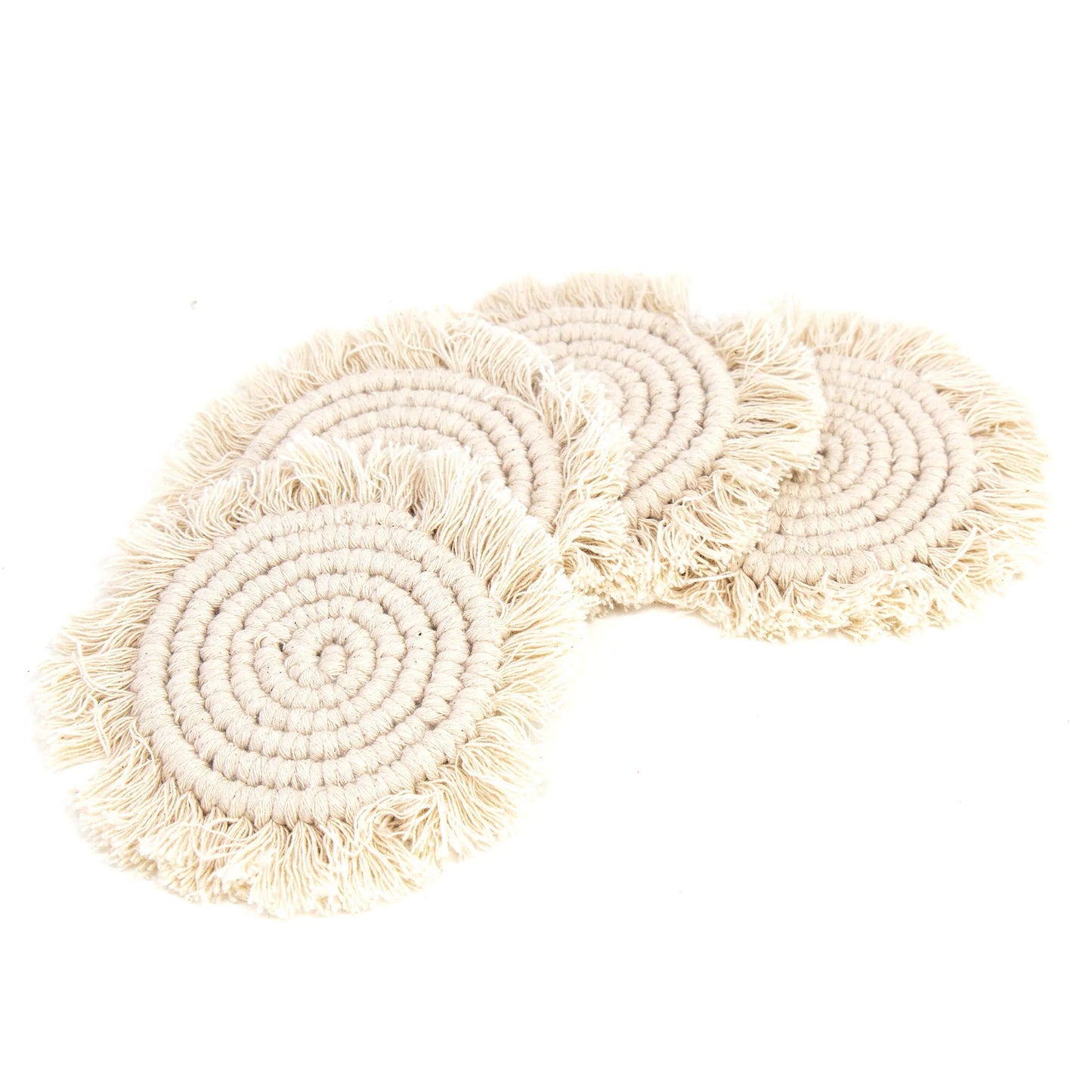 Macrame Coasters in Natural with Fringe, SET OF 4, India