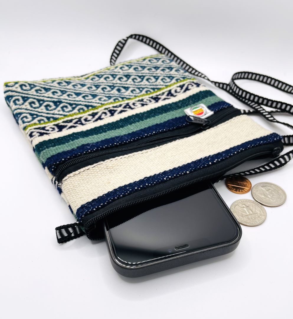 Handcrafted Teal stripes Cross Body / Passport Bag, Bolivia