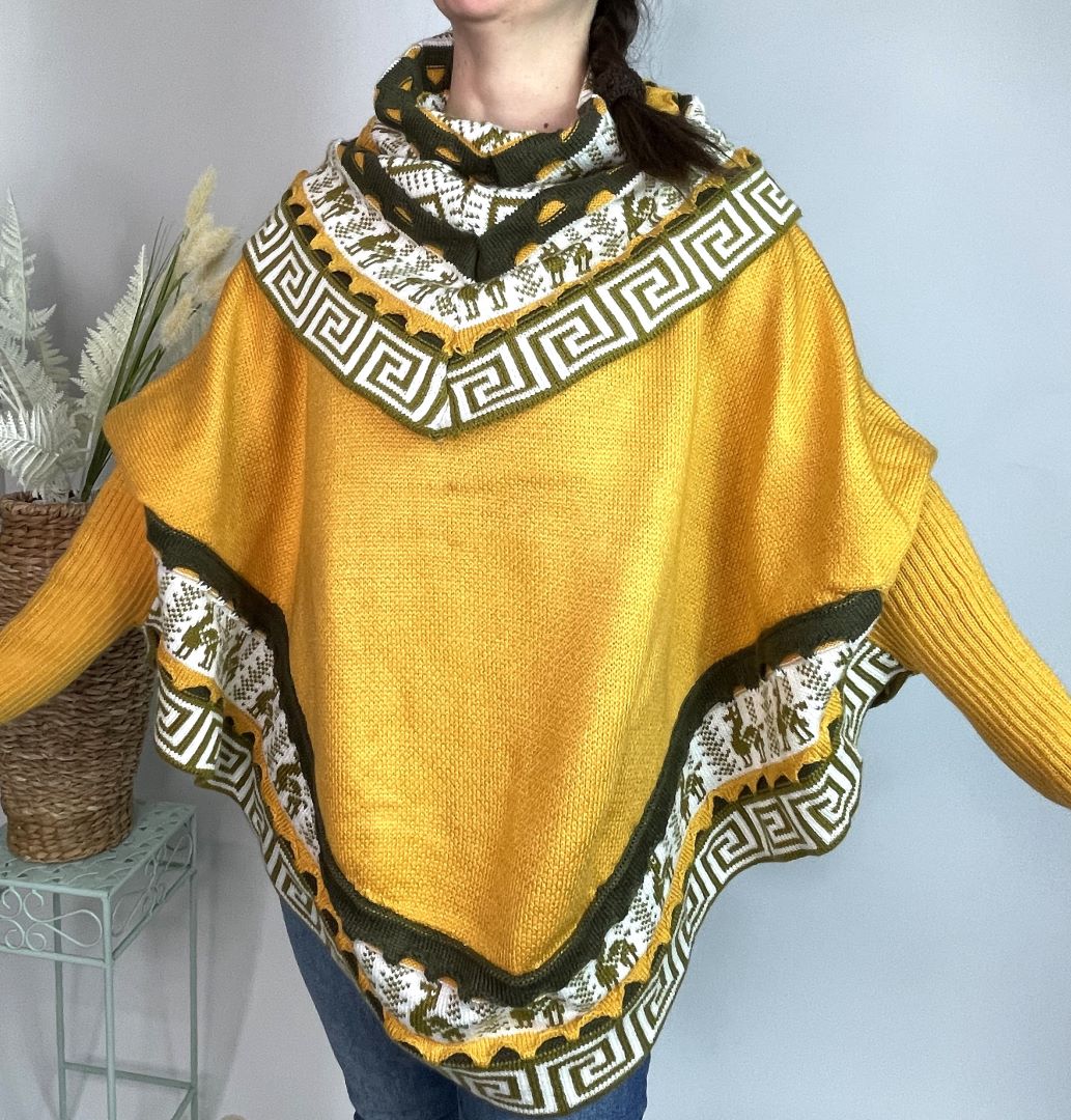 Alpaca Blend Knitted Turtleneck Poncho Cape, Bolivia/Peru