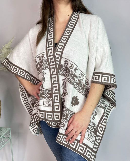 Alpaca Reversible Shawl - Women's Ruana Wrap - Beige and Ivory, Peru