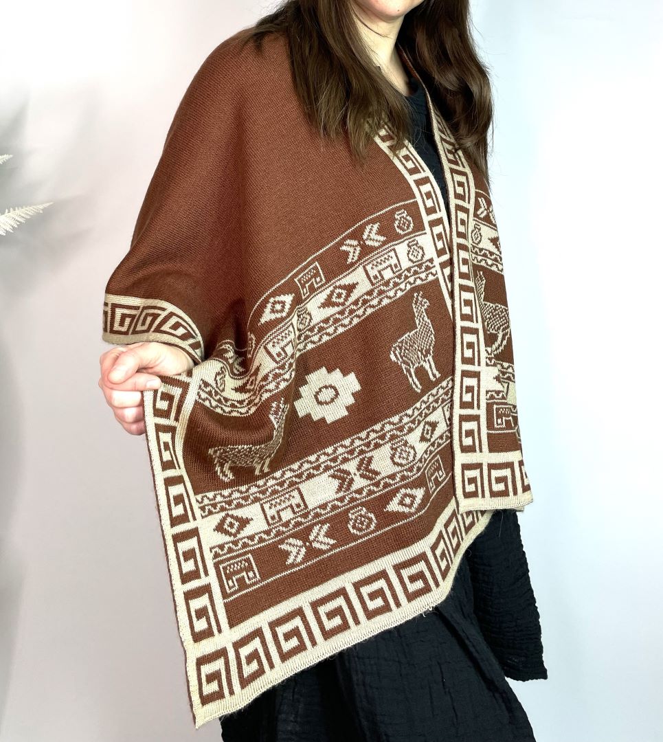 Alpaca Reversible Shawl - Women's Ruana Wrap - Brown and Cream, Peru