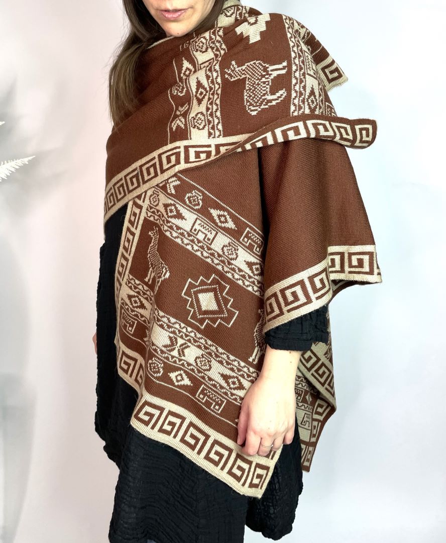 Alpaca Reversible Shawl - Women's Ruana Wrap - Brown and Cream, Peru