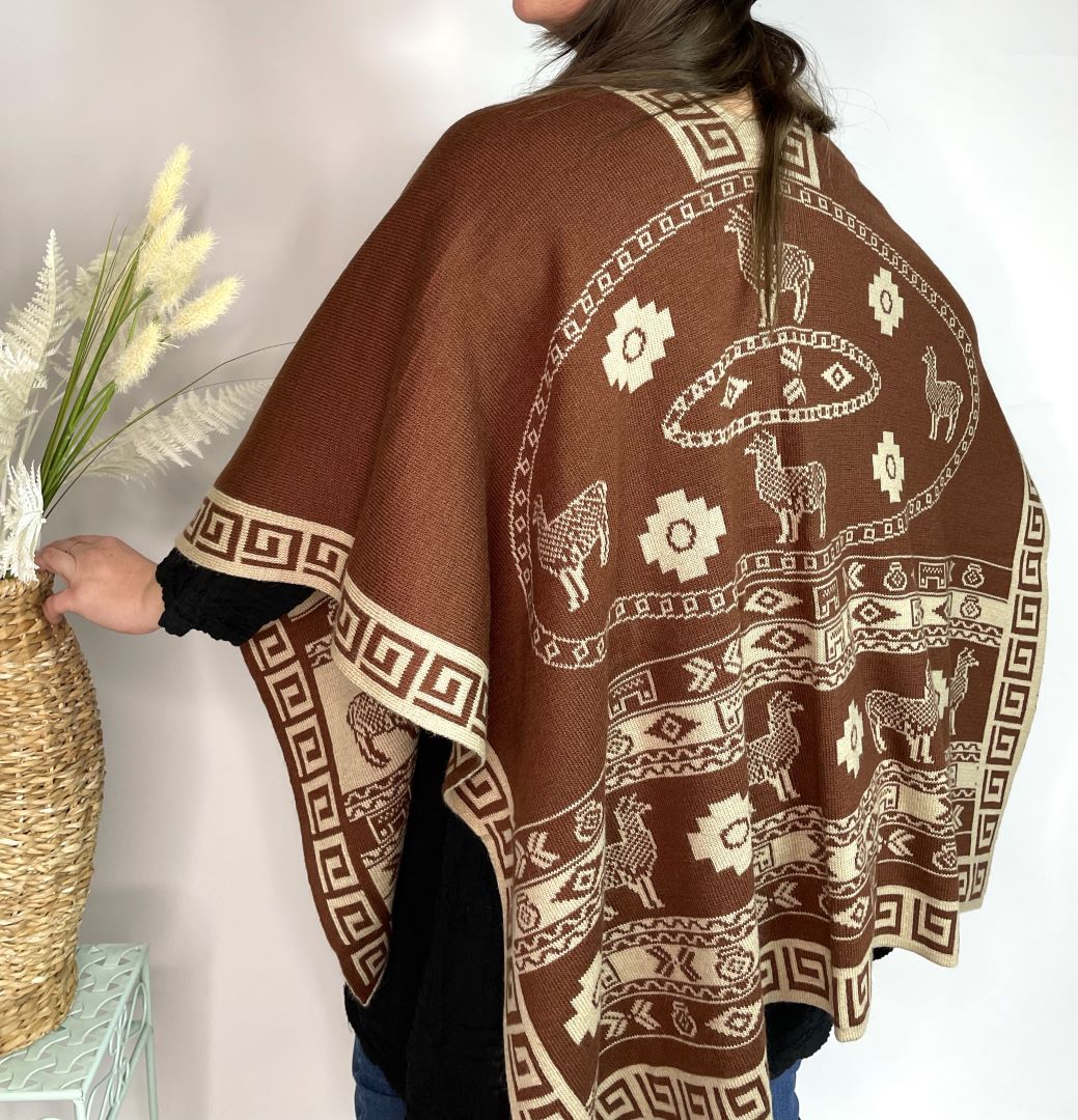 Alpaca Reversible Shawl - Women's Ruana Wrap - Brown and Cream, Peru