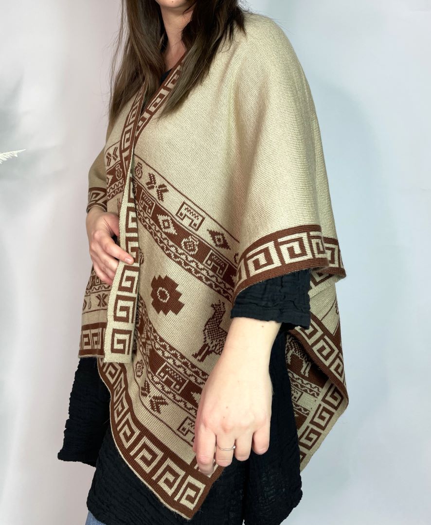 Alpaca Reversible Shawl - Women's Ruana Wrap - Brown and Cream, Peru