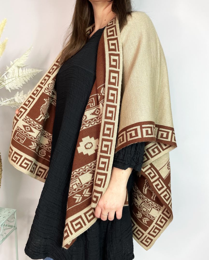 Alpaca Reversible Shawl - Women's Ruana Wrap - Brown and Cream, Peru