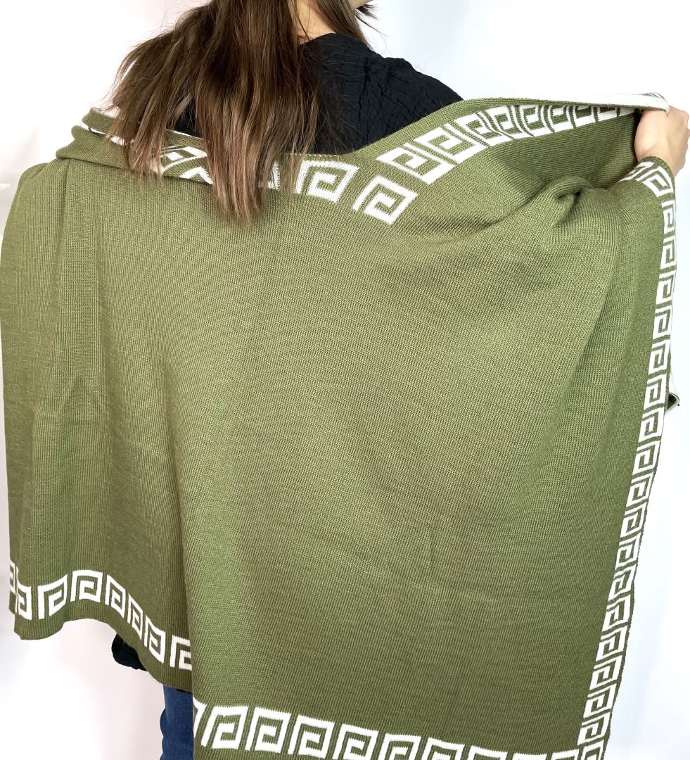 Alpaca Reversible Shawl - Women's Ruana Wrap - Olive and Ivory, Peru