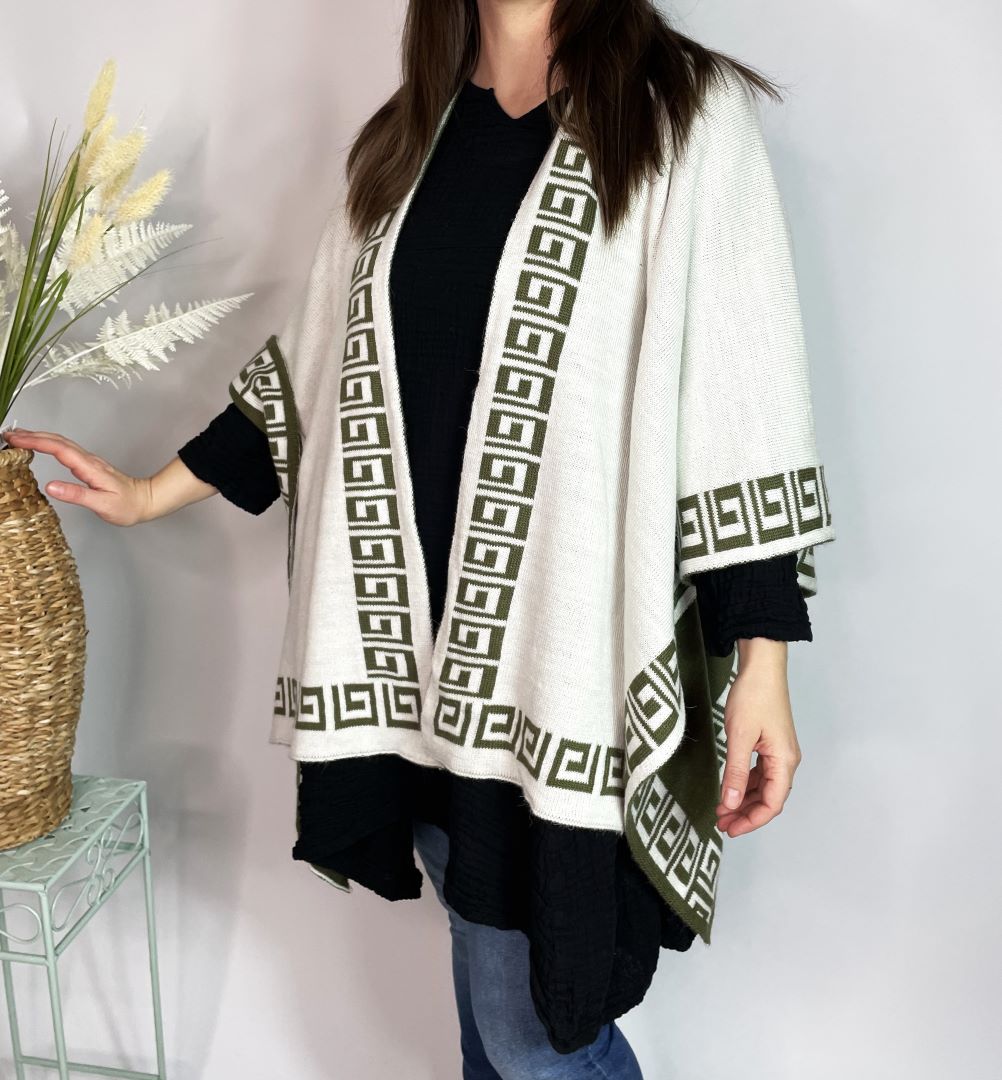 Alpaca Reversible Shawl - Women's Ruana Wrap - Olive and Ivory, Peru