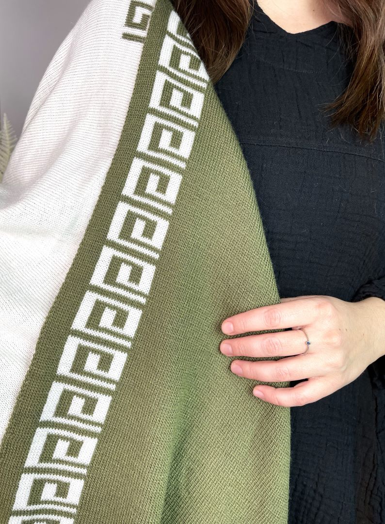 Alpaca Reversible Shawl - Women's Ruana Wrap - Olive and Ivory, Peru