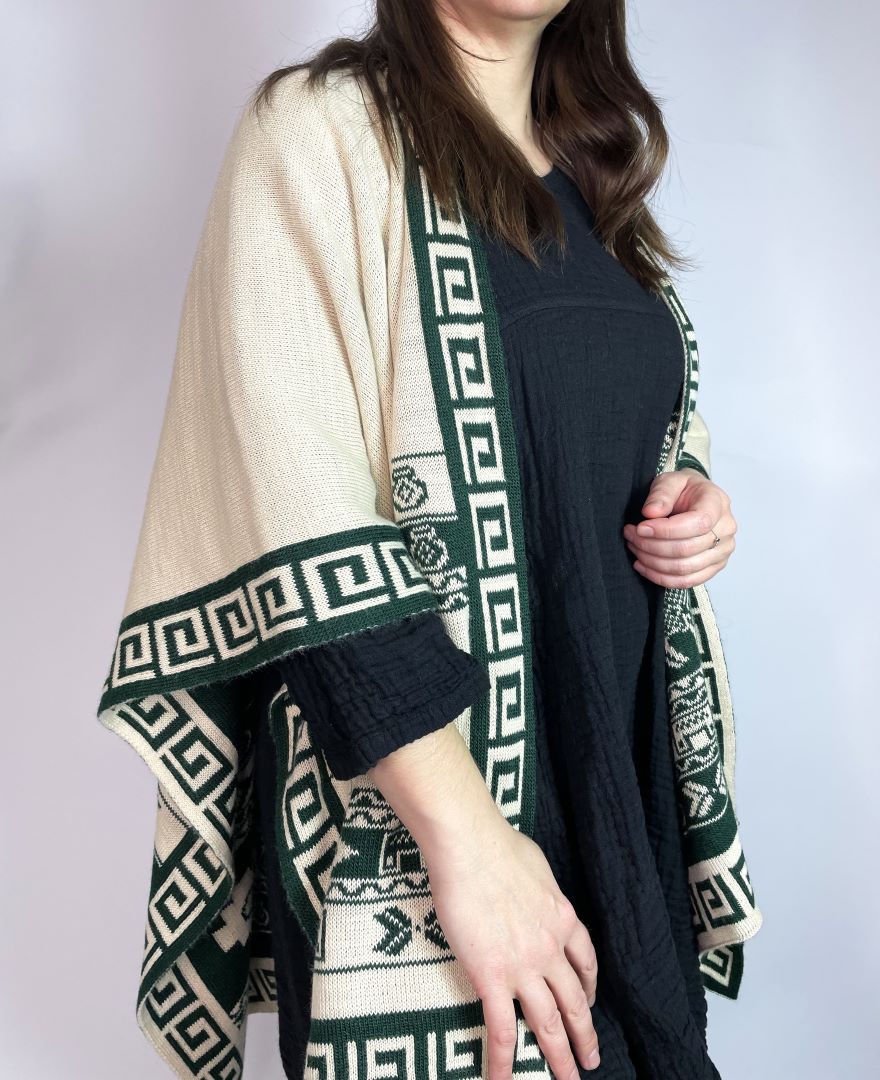 Alpaca Reversible Shawl - Women's Ruana Wrap - Green and Ivory, Peru