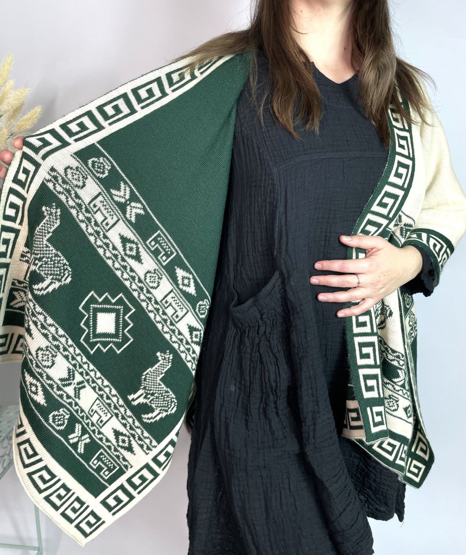 Alpaca Reversible Shawl - Women's Ruana Wrap - Green and Ivory, Peru