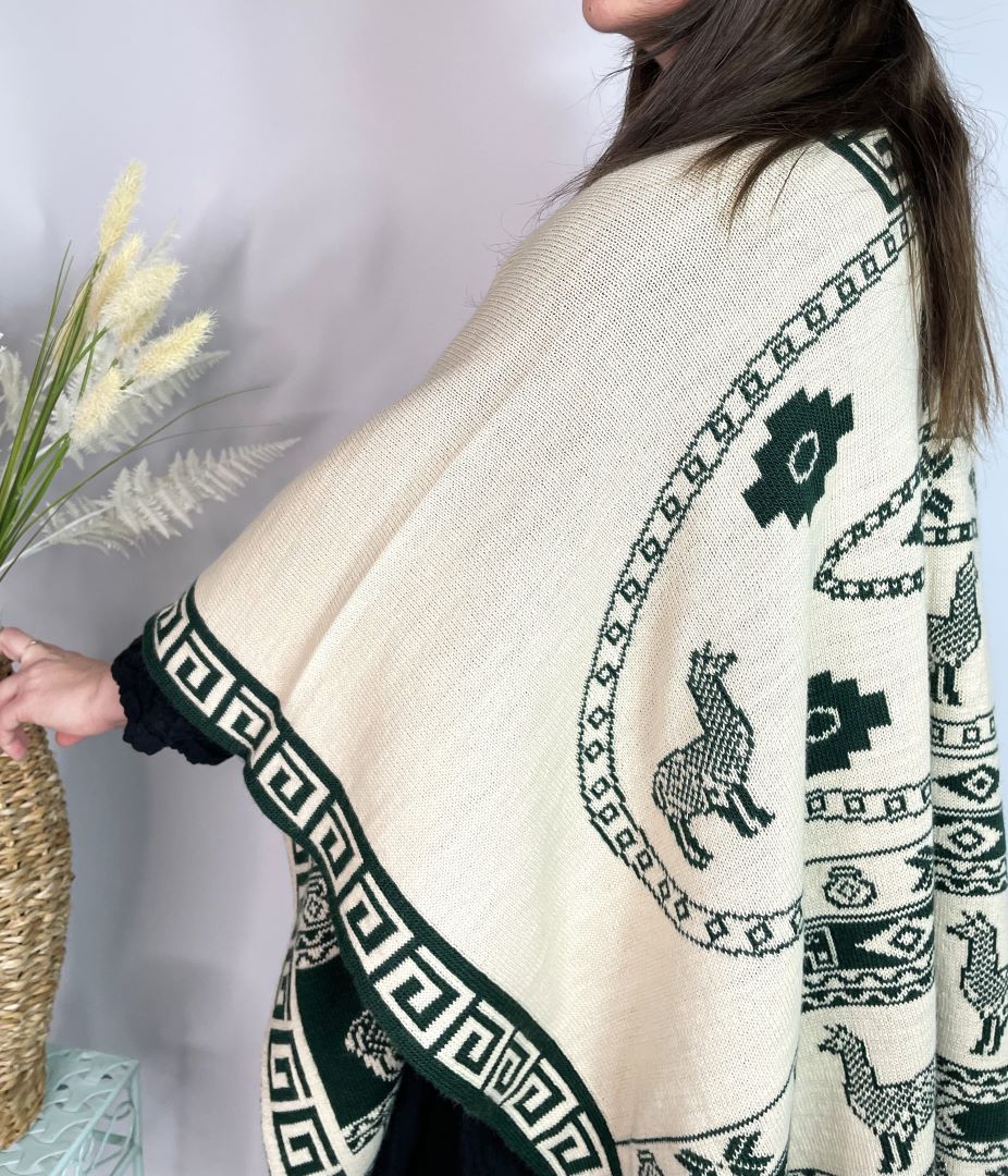 Alpaca Reversible Shawl - Women's Ruana Wrap - Green and Ivory, Peru