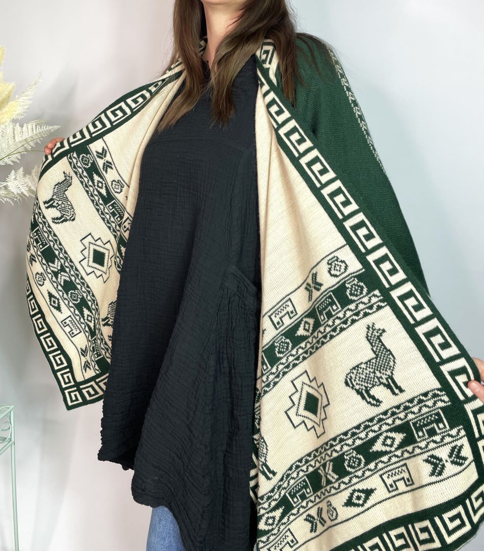 Alpaca Reversible Shawl - Women's Ruana Wrap - Green and Ivory, Peru