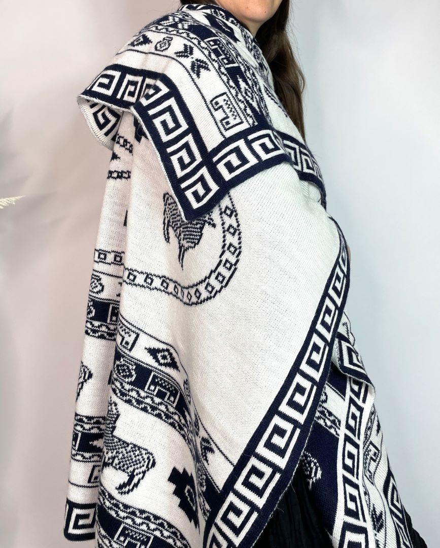 Alpaca Reversible Shawl - Women's Ruana Wrap - Navy and White, Peru