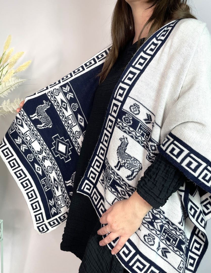 Alpaca Reversible Shawl - Women's Ruana Wrap - Navy and White, Peru