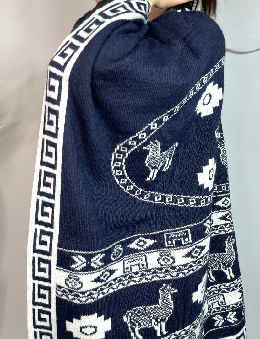 Alpaca Reversible Shawl - Women's Ruana Wrap - Navy and White, Peru