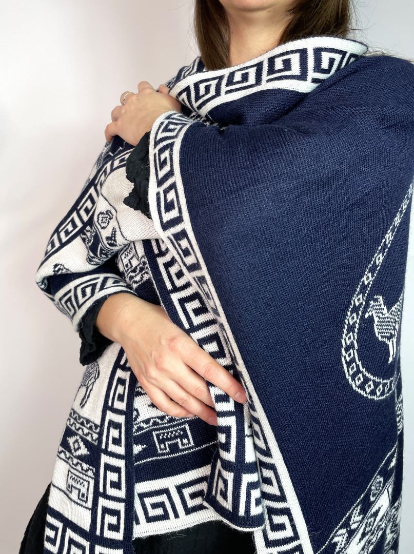 Alpaca Reversible Shawl - Women's Ruana Wrap - Navy and White, Peru