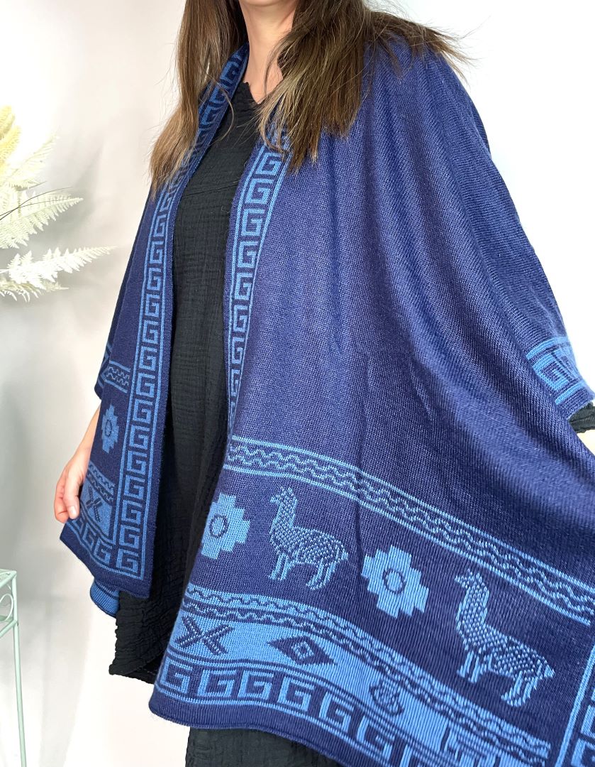 Alpaca Reversible Shawl - Women's Ruana Wrap - Blue and Sky, Peru