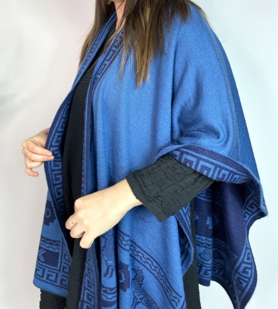 Alpaca Reversible Shawl - Women's Ruana Wrap - Blue and Sky, Peru