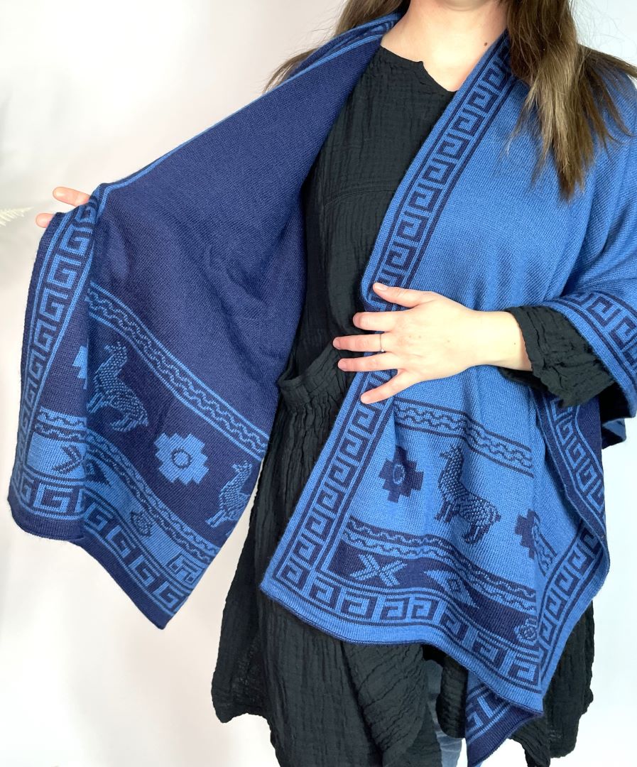 Alpaca Reversible Shawl - Women's Ruana Wrap - Blue and Sky, Peru