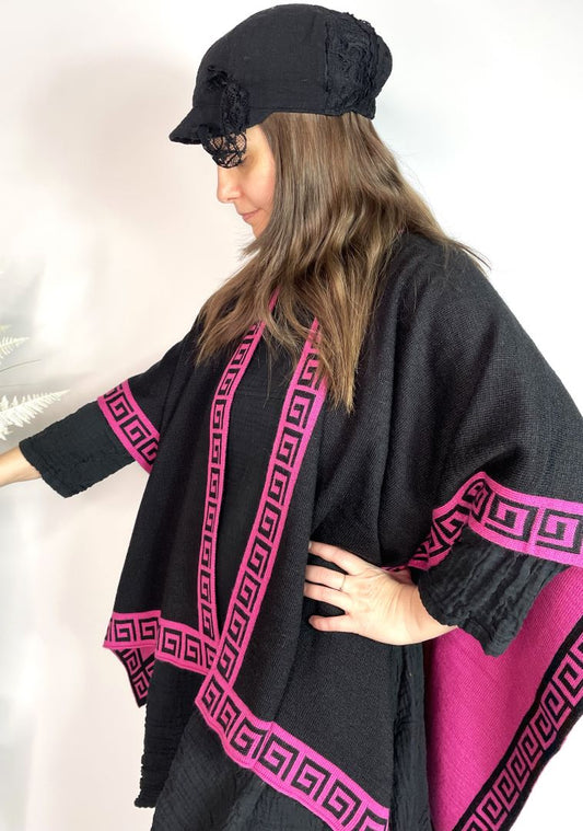 Alpaca Reversible Shawl - Women's Ruana Wrap - Black and Fuscia , Peru