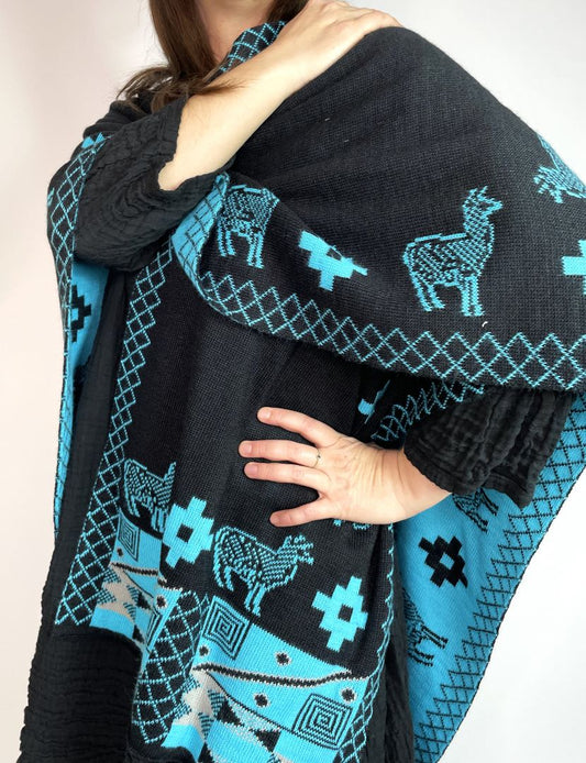 Alpaca Reversible Shawl - Women's Ruana Wrap - Black and Turquoise, Peru