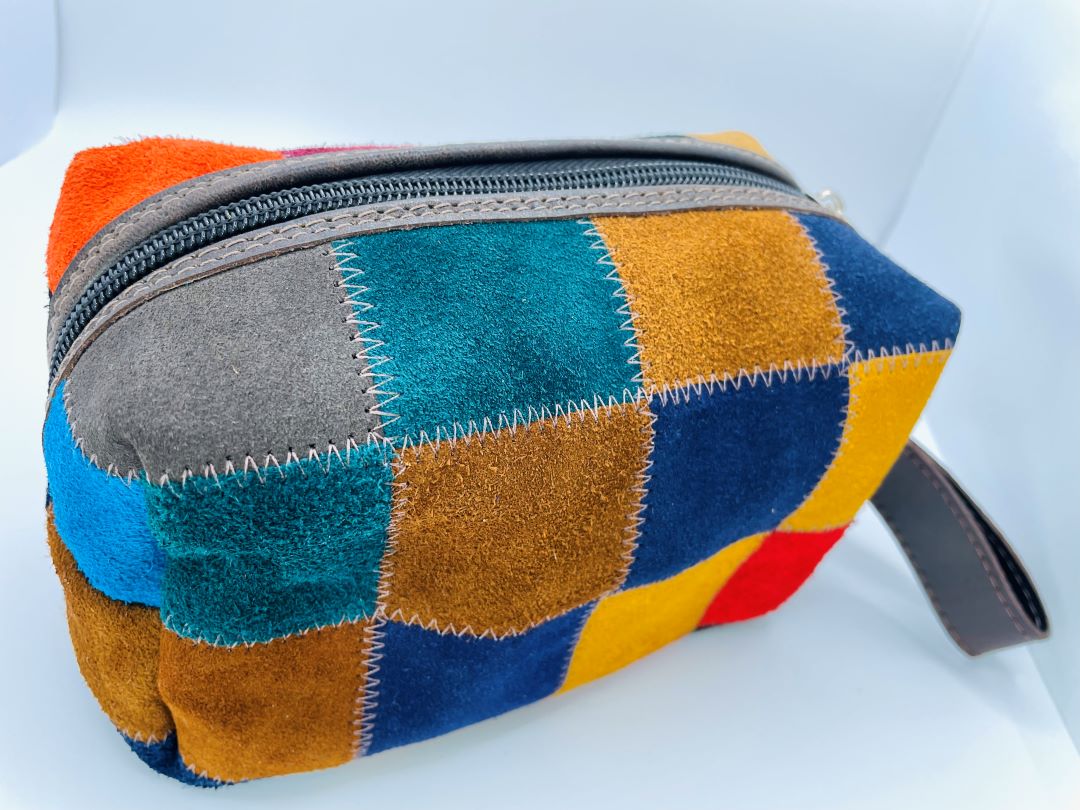 Suede Checkered Toiletry Bag, Blue, Bolivia