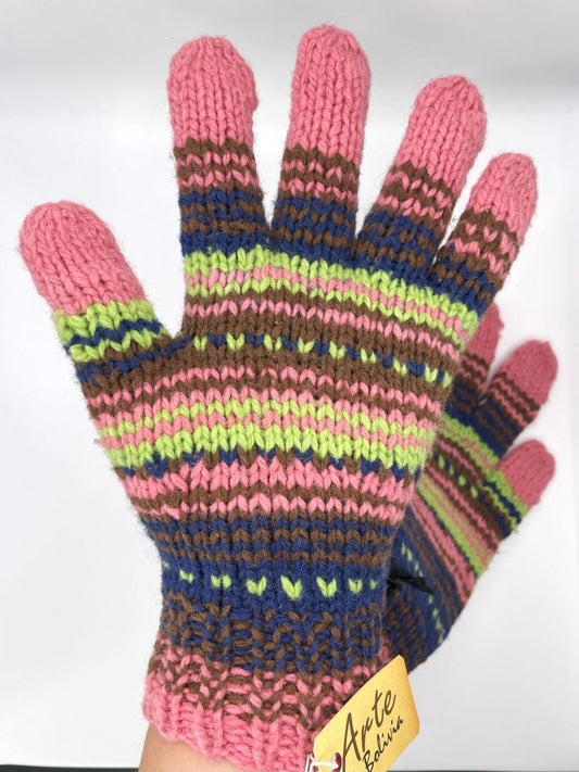 Alpaca Handmade Gloves - Striped Pink, Bolivia